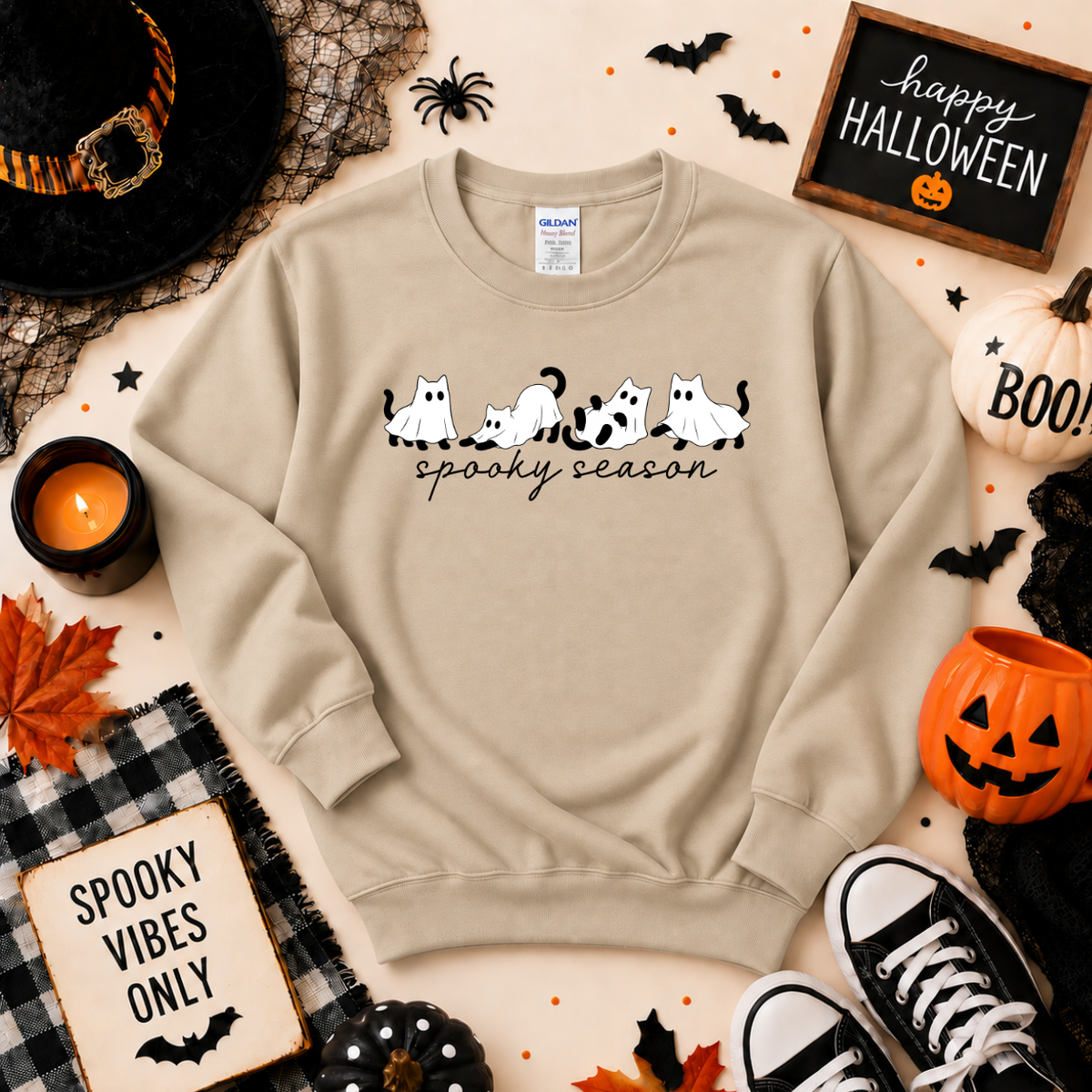 Spooky Season Ghost Cats Halloween Shirt | Cat T-Shirt or Sweatshirt