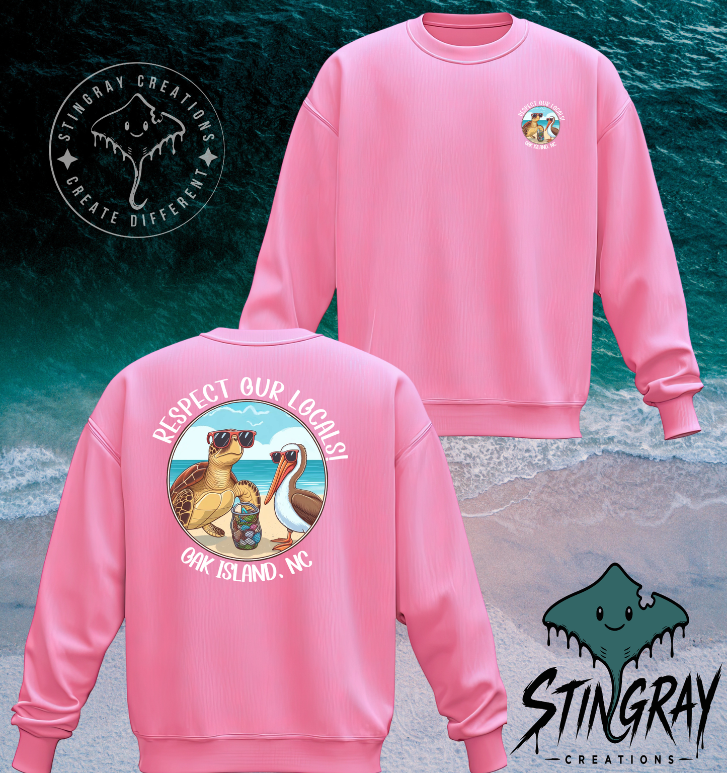 Respect Our Locals Oak Island NC Sea Turtle & Pelican T Shirt & Crewneck Sweatshirt