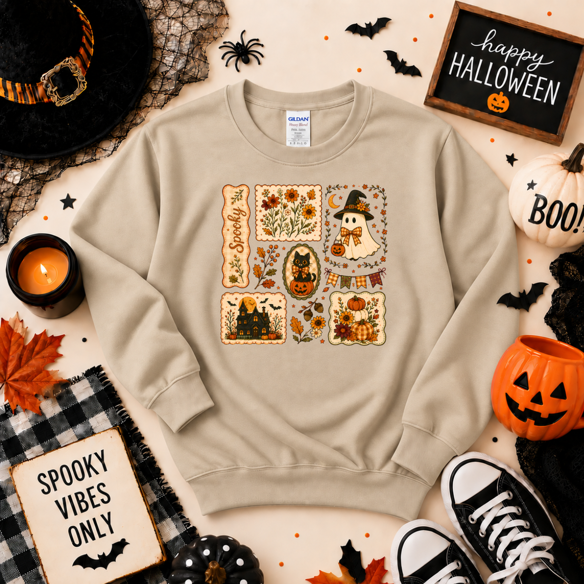 Vintage Spooky Halloween Sweatshirt | Ghost Pumpkin & Black Cat T-shirt