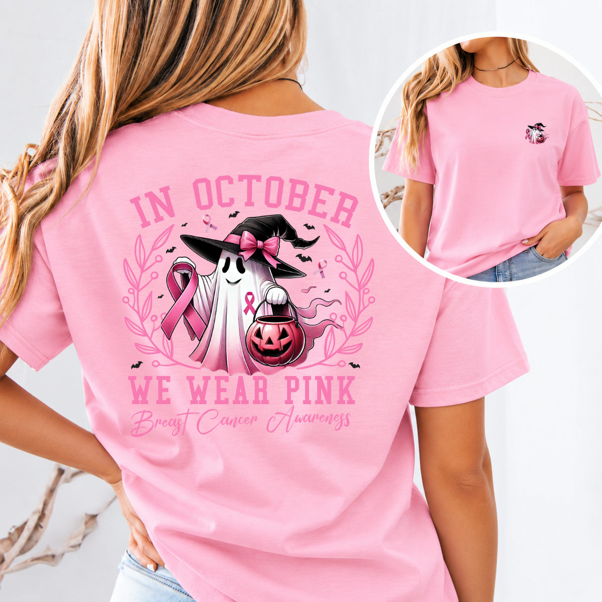 In October We Wear Pink Ghost Breast Cancer Awareness T-Shirt & Sweatshirt