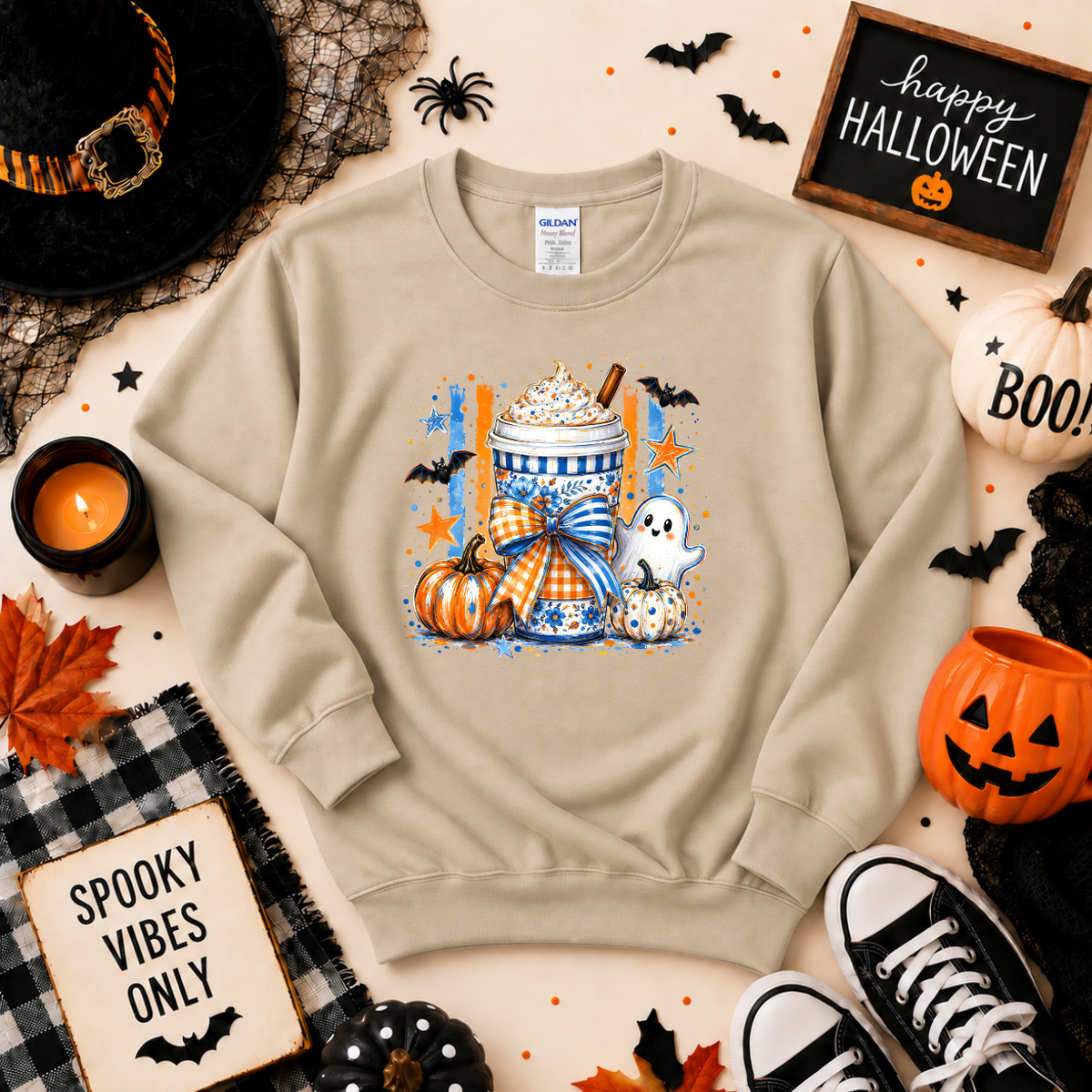 Spooky Coffee Halloween Sweatshirt | Ghost Pumpkin Coffee Graphic Crewneck