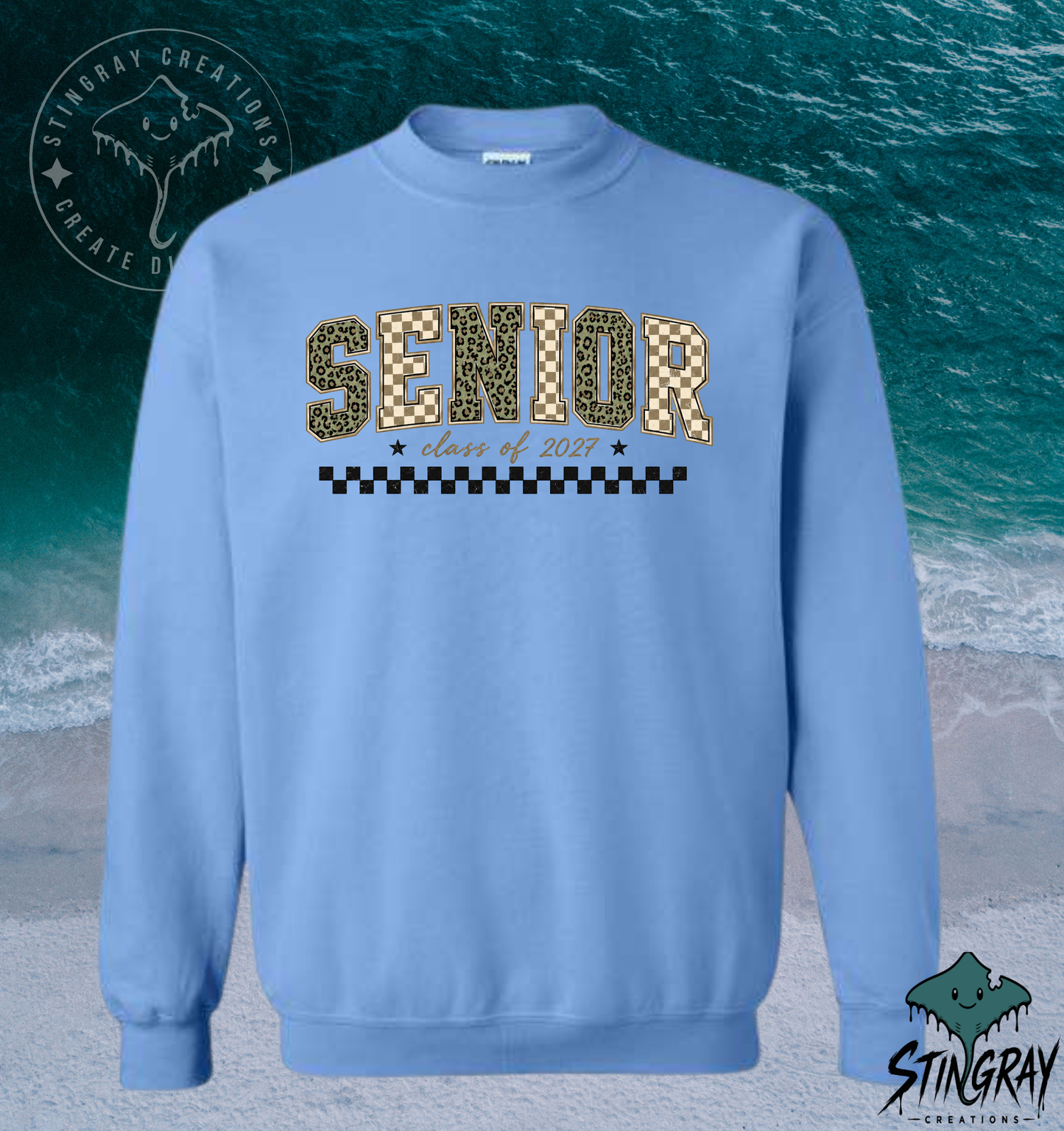 Senior Class of 2027 Checkered Leopard Print T Shirt & Crewneck Sweatshirt