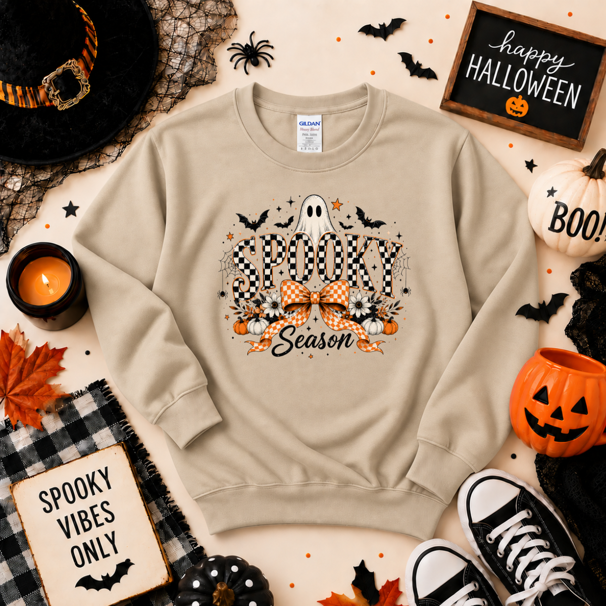 Spooky Season Halloween T-Shirt | Checkerboard Ghost & Bow Graphic Sweatshirt