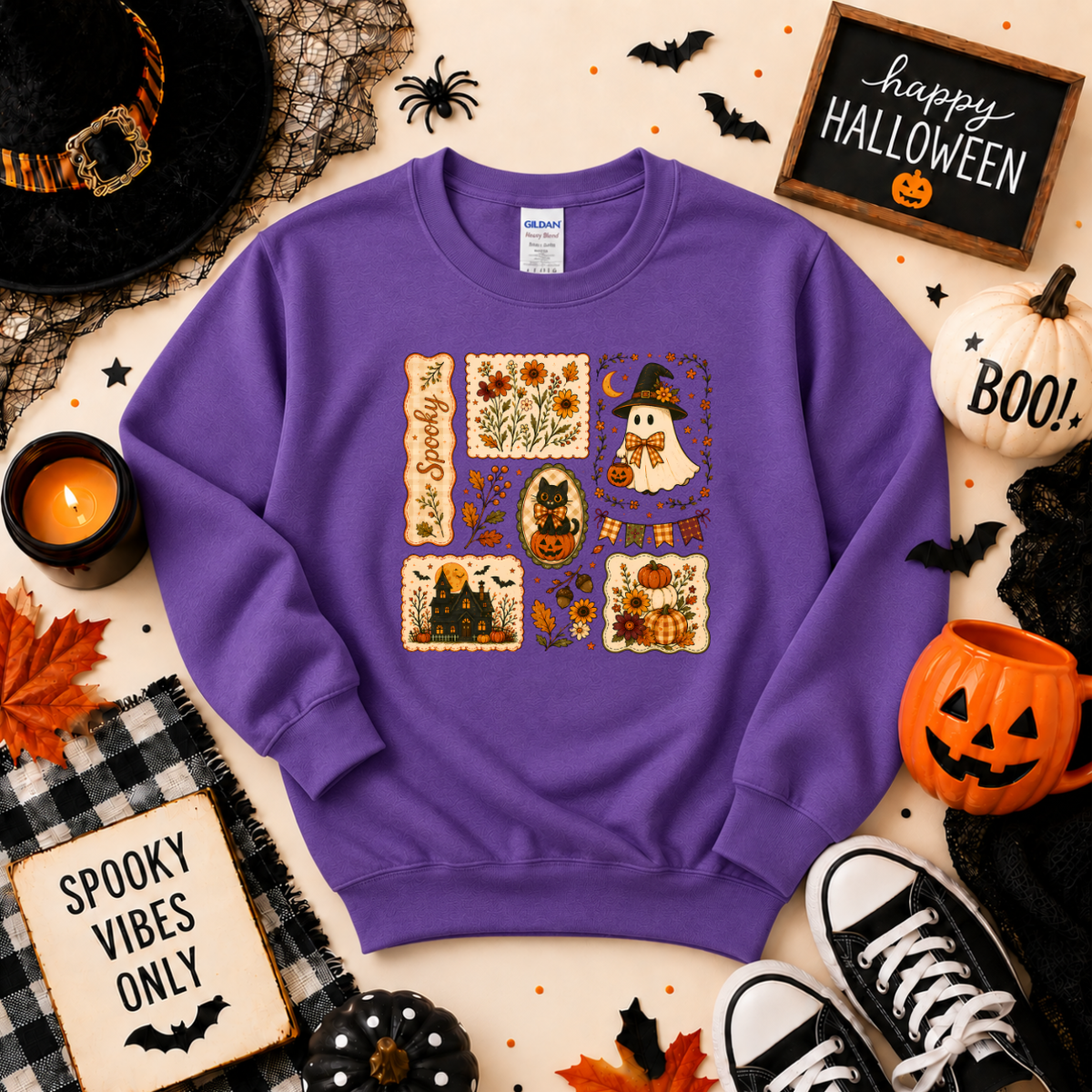 Vintage Spooky Halloween Sweatshirt | Ghost Pumpkin & Black Cat T-shirt