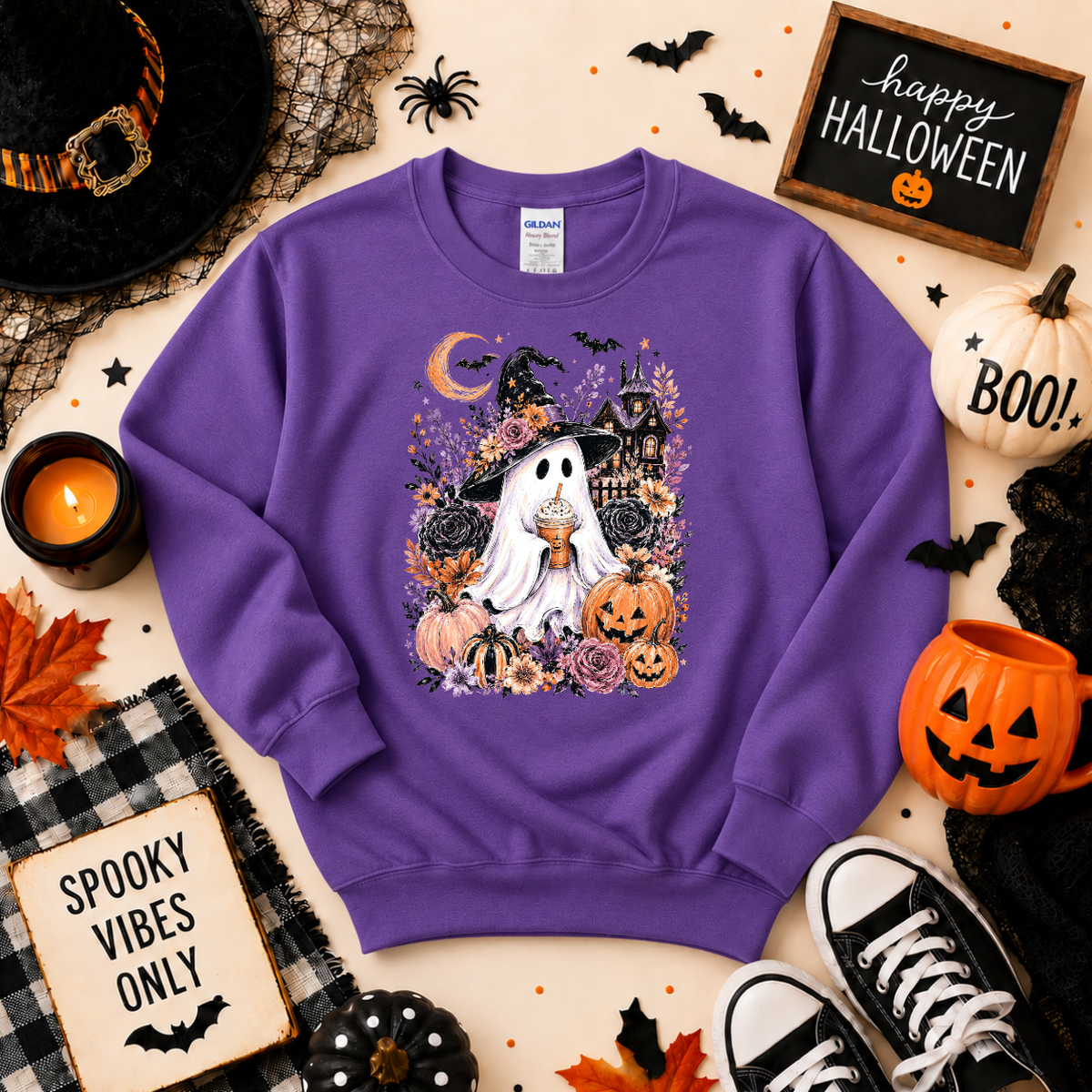 Spooky Ghost Halloween Sweatshirt or T-Shirt | Cute Witch Ghost Shirt