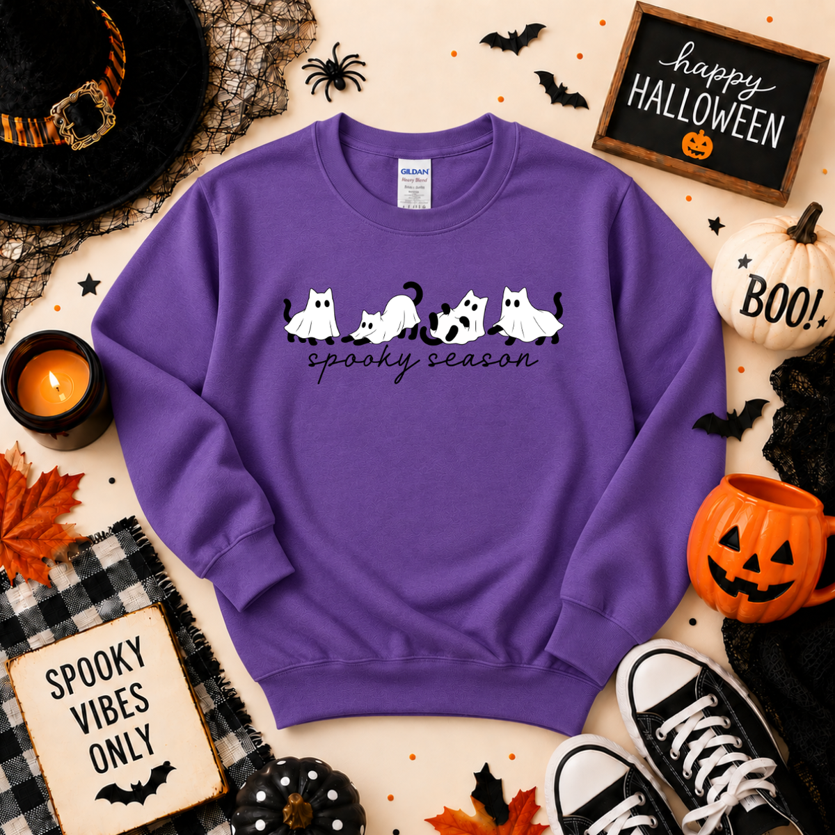 Spooky Season Ghost Cats Halloween Shirt | Cat T-Shirt or Sweatshirt