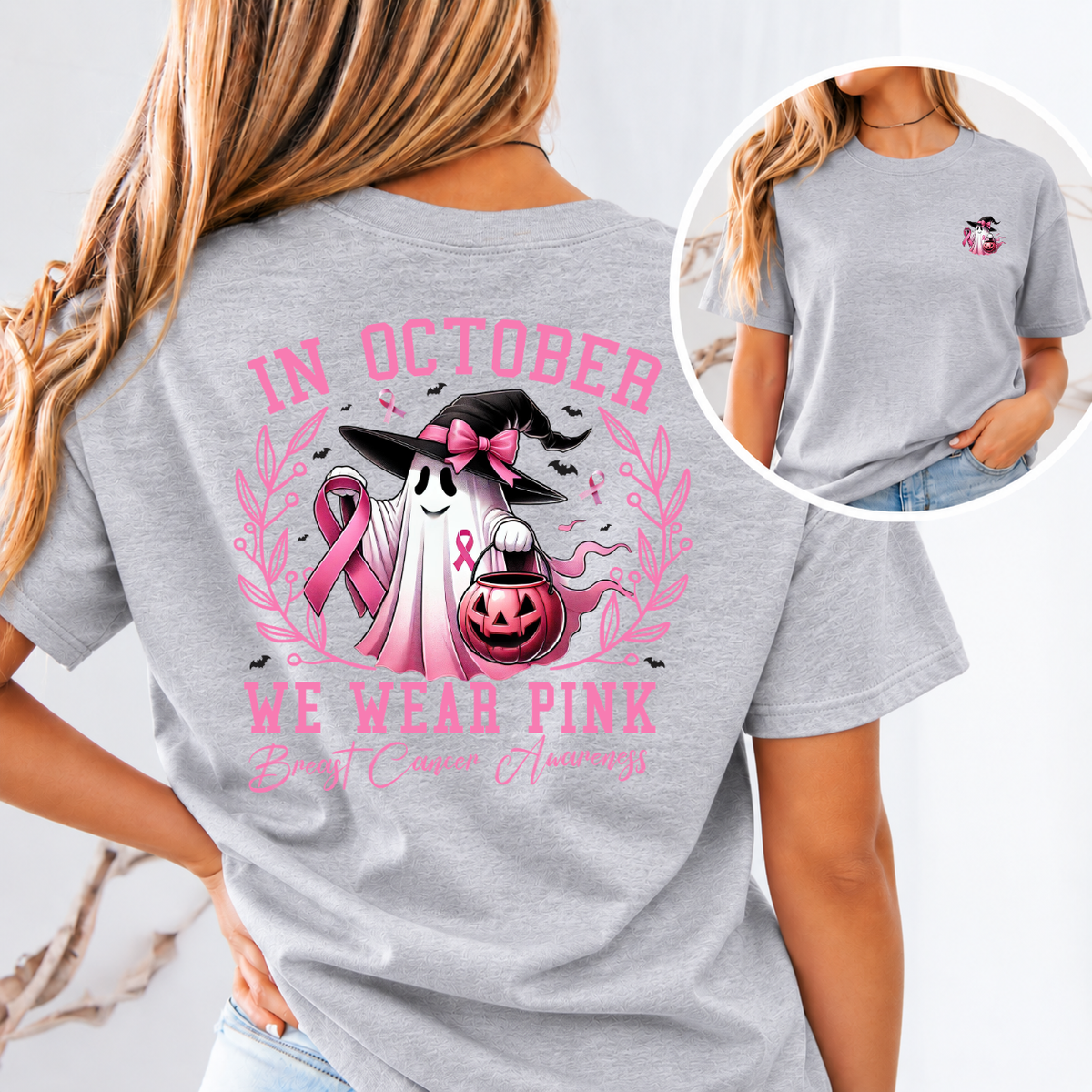 In October We Wear Pink Ghost Breast Cancer Awareness T-Shirt & Sweatshirt