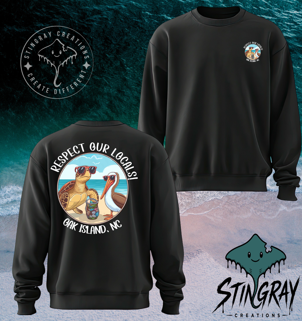 Respect Our Locals Oak Island NC Sea Turtle & Pelican T Shirt & Crewneck Sweatshirt