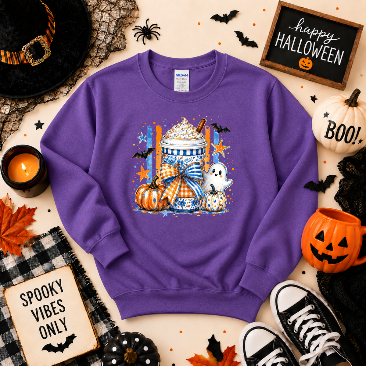 Spooky Coffee Halloween Sweatshirt | Ghost Pumpkin Coffee Graphic Crewneck