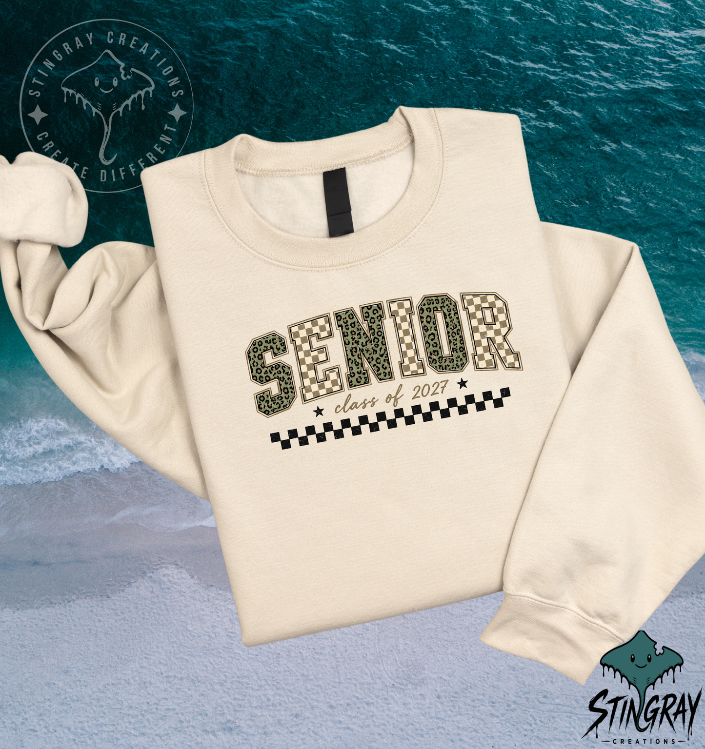 Senior Class of 2027 Checkered Leopard Print T Shirt & Crewneck Sweatshirt
