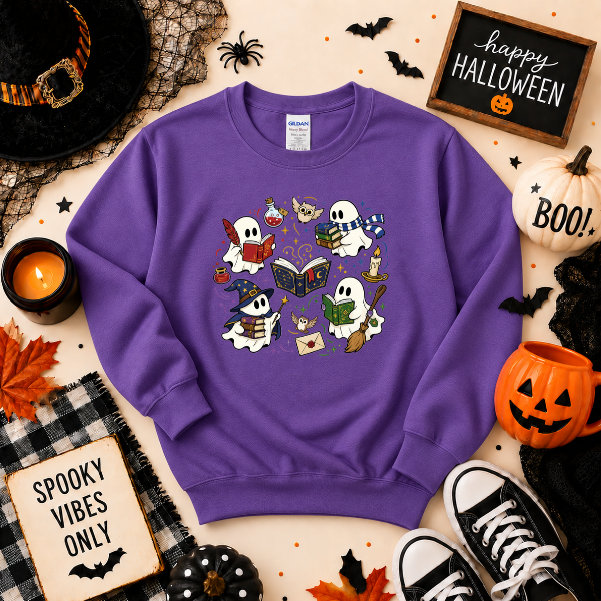 Bookish Ghost Halloween Sweatshirt | Cute Spooky Reading Ghost T-shirt