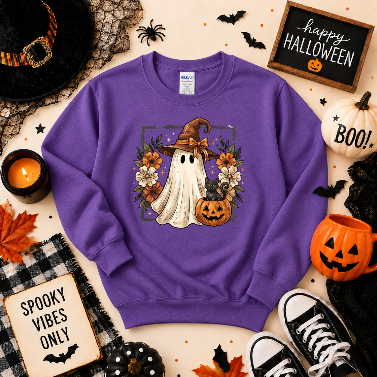 Cute Witch Ghost & Black Cat Halloween Sweatshirt | Pumpkin T-shirt