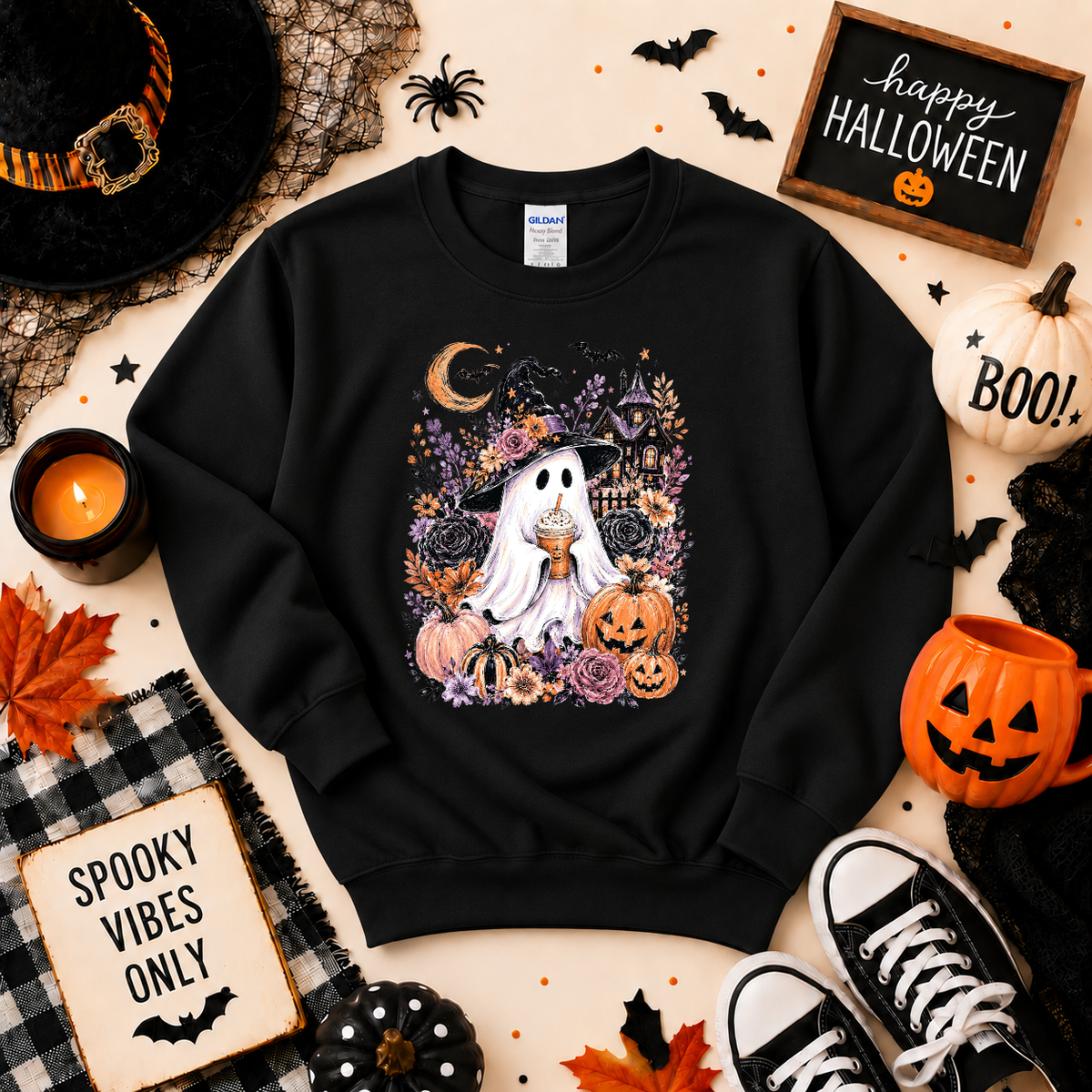 Spooky Ghost Halloween Sweatshirt or T-Shirt | Cute Witch Ghost Shirt