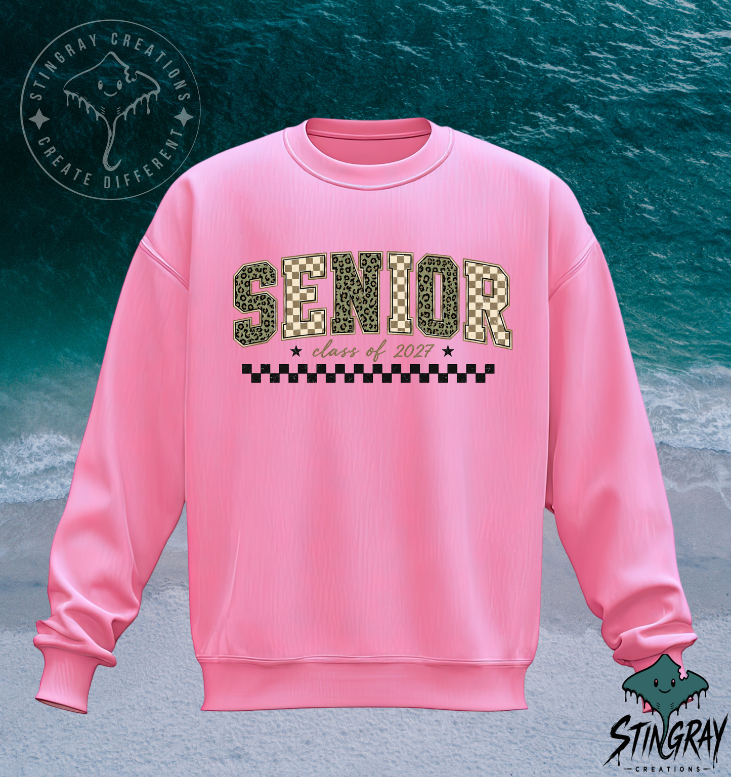Senior Class of 2027 Checkered Leopard Print T Shirt & Crewneck Sweatshirt