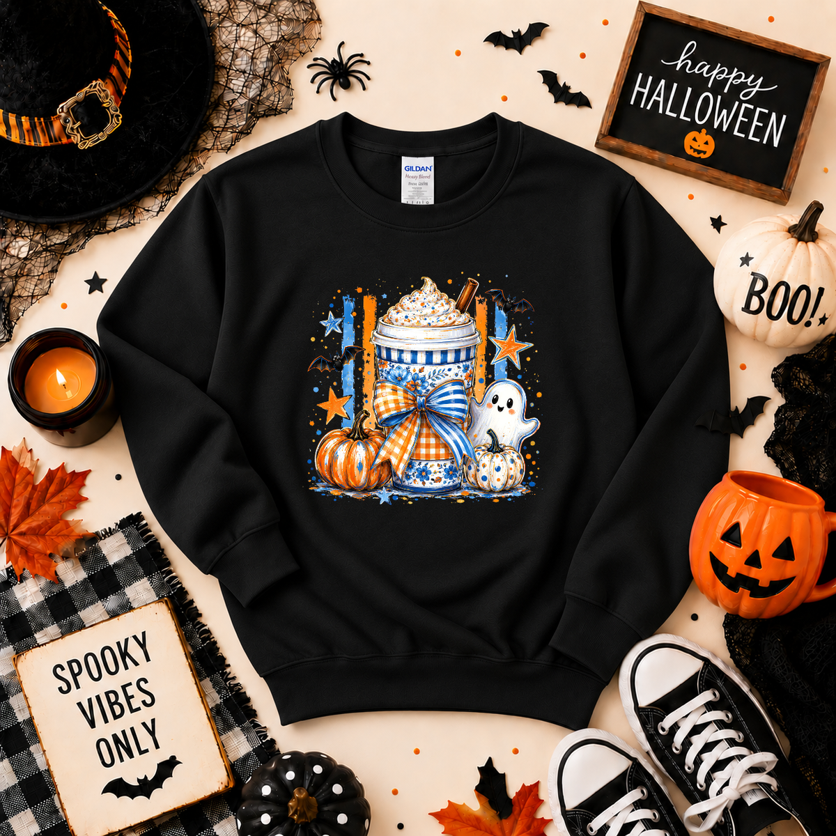 Spooky Coffee Halloween Sweatshirt | Ghost Pumpkin Coffee Graphic Crewneck