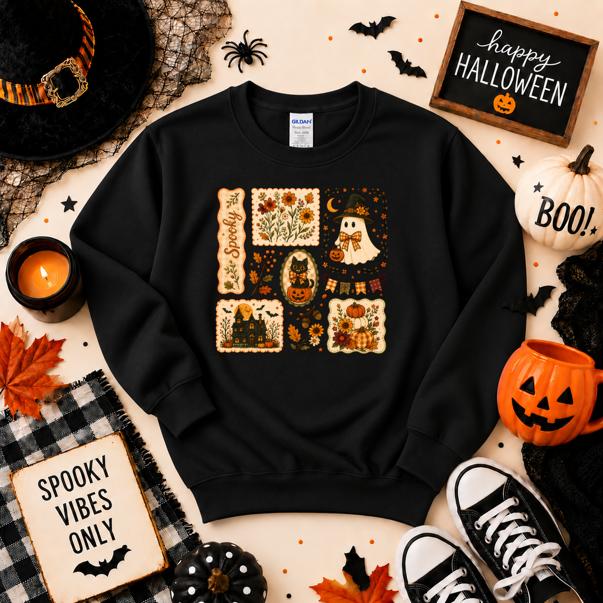 Vintage Spooky Halloween Sweatshirt | Ghost Pumpkin & Black Cat T-shirt