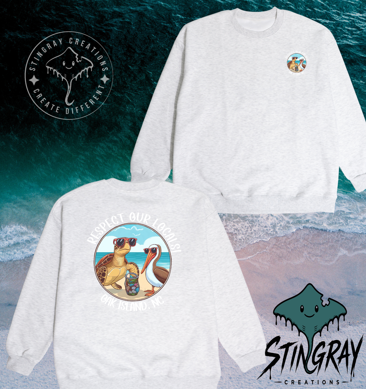 Respect Our Locals Oak Island NC Sea Turtle & Pelican T Shirt & Crewneck Sweatshirt