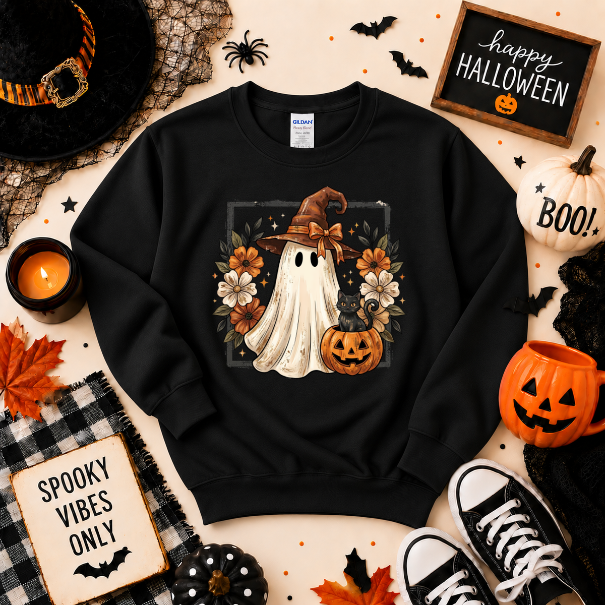 Cute Witch Ghost & Black Cat Halloween Sweatshirt | Pumpkin T-shirt
