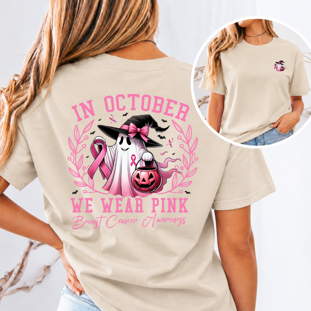 In October We Wear Pink Ghost Breast Cancer Awareness T-Shirt & Sweatshirt