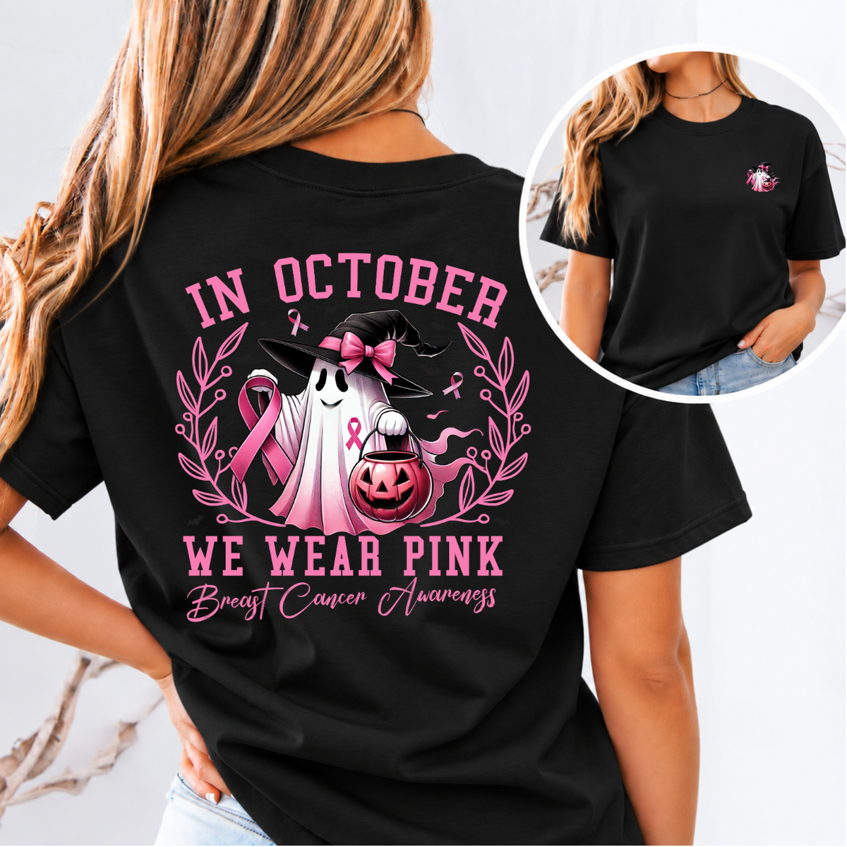 In October We Wear Pink Ghost Breast Cancer Awareness T-Shirt & Sweatshirt