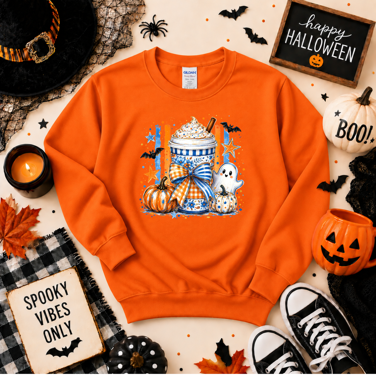 Spooky Coffee Halloween Sweatshirt | Ghost Pumpkin Coffee Graphic Crewneck