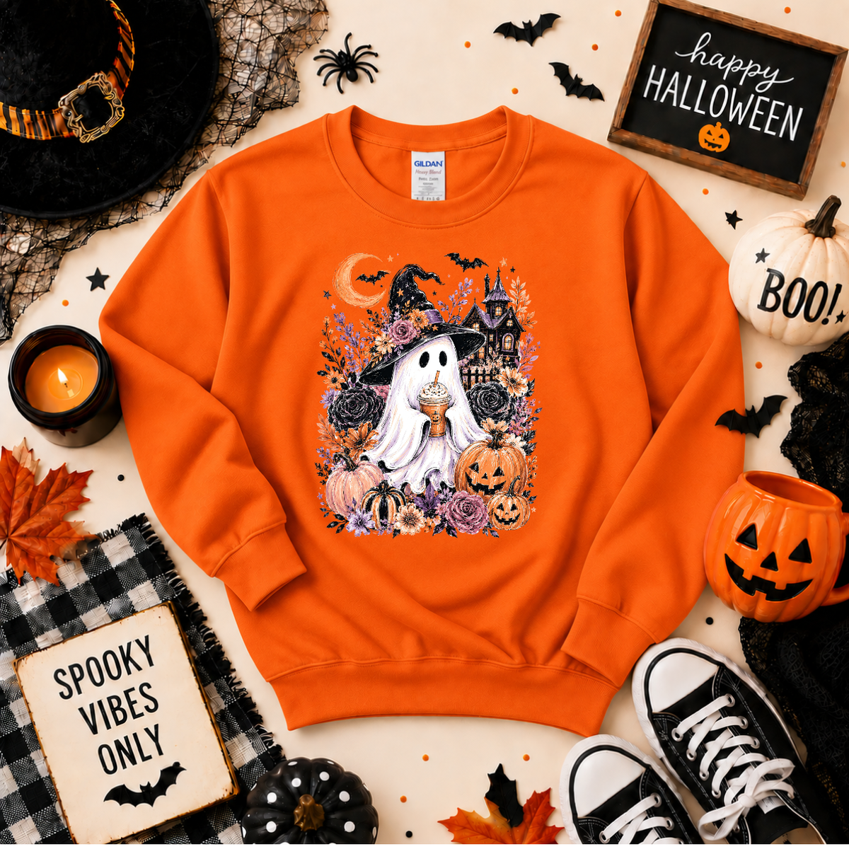 Spooky Ghost Halloween Sweatshirt or T-Shirt | Cute Witch Ghost Shirt