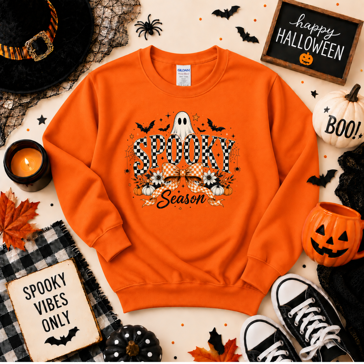 Spooky Season Halloween T-Shirt | Checkerboard Ghost & Bow Graphic Sweatshirt