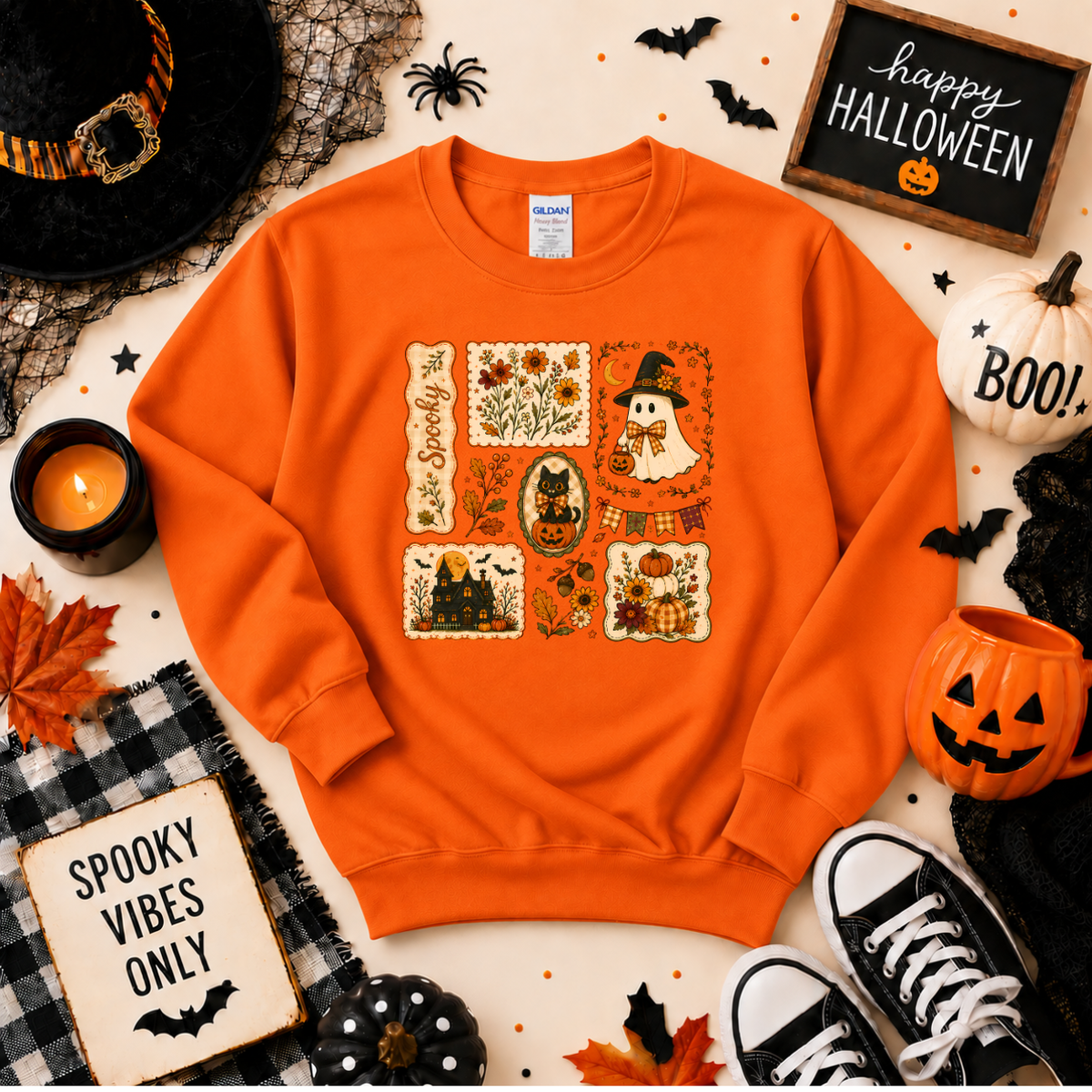Vintage Spooky Halloween Sweatshirt | Ghost Pumpkin & Black Cat T-shirt