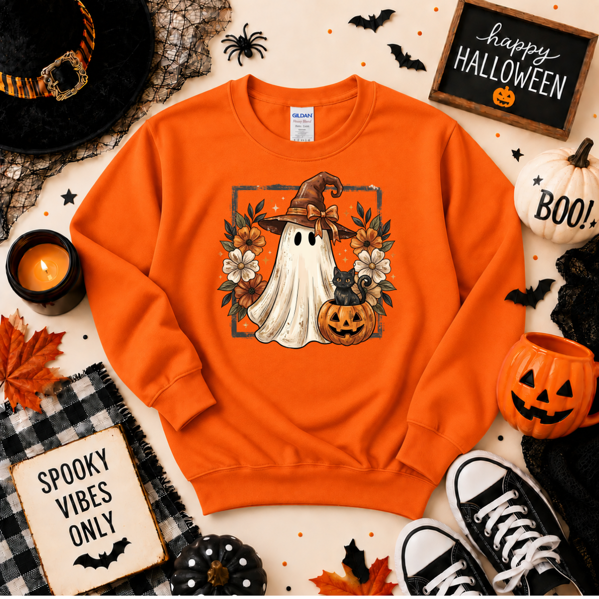 Cute Witch Ghost & Black Cat Halloween Sweatshirt | Pumpkin T-shirt