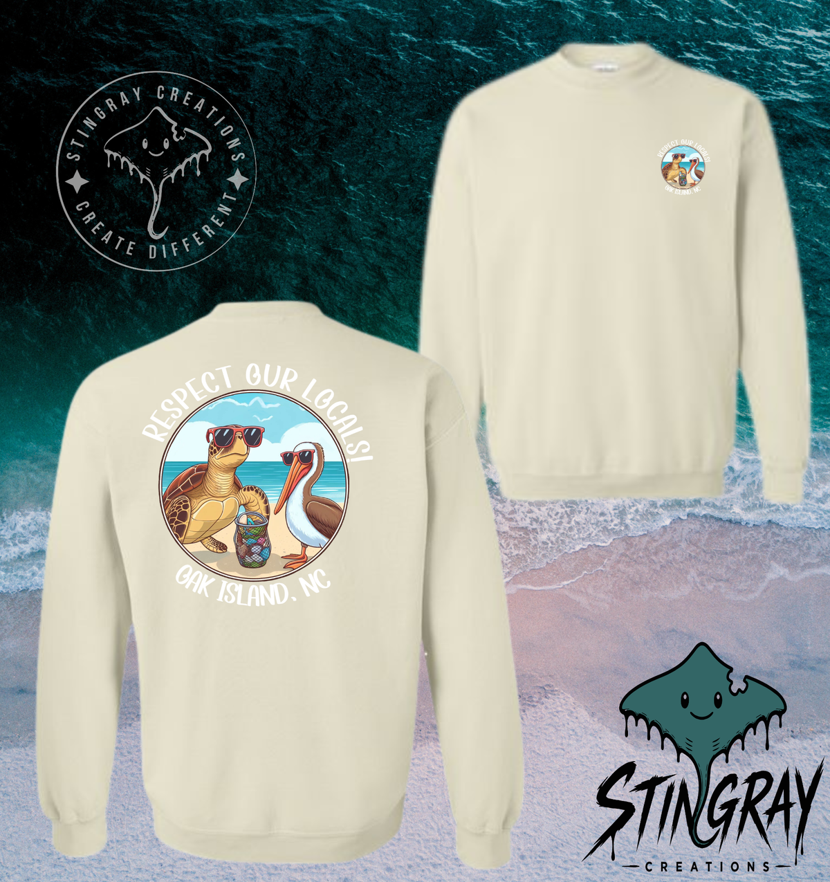 Respect Our Locals Oak Island NC Sea Turtle & Pelican T Shirt & Crewneck Sweatshirt