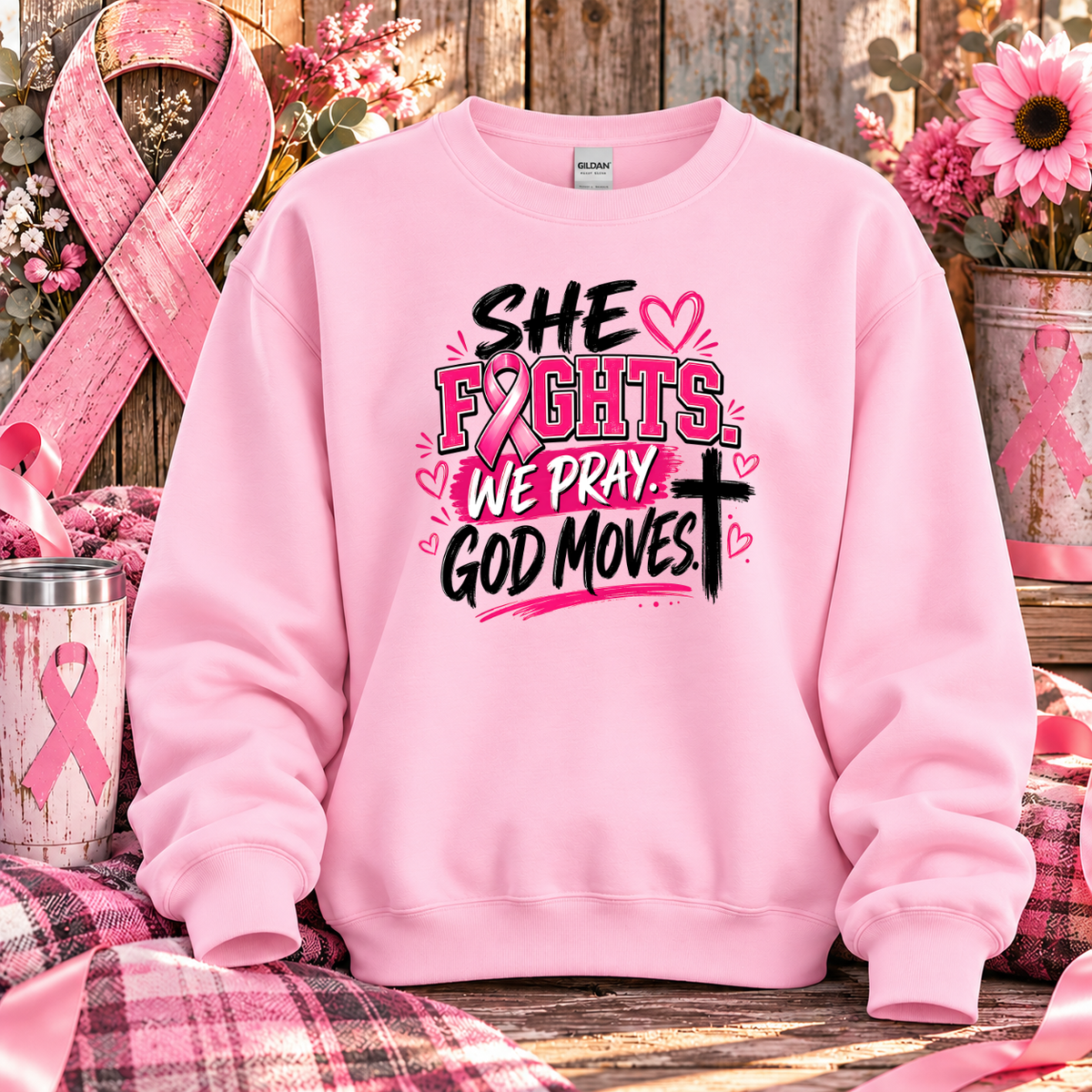 She Fights, We Pray, God Moves Breast Cancer Awareness T-Shirt & Sweatshirt