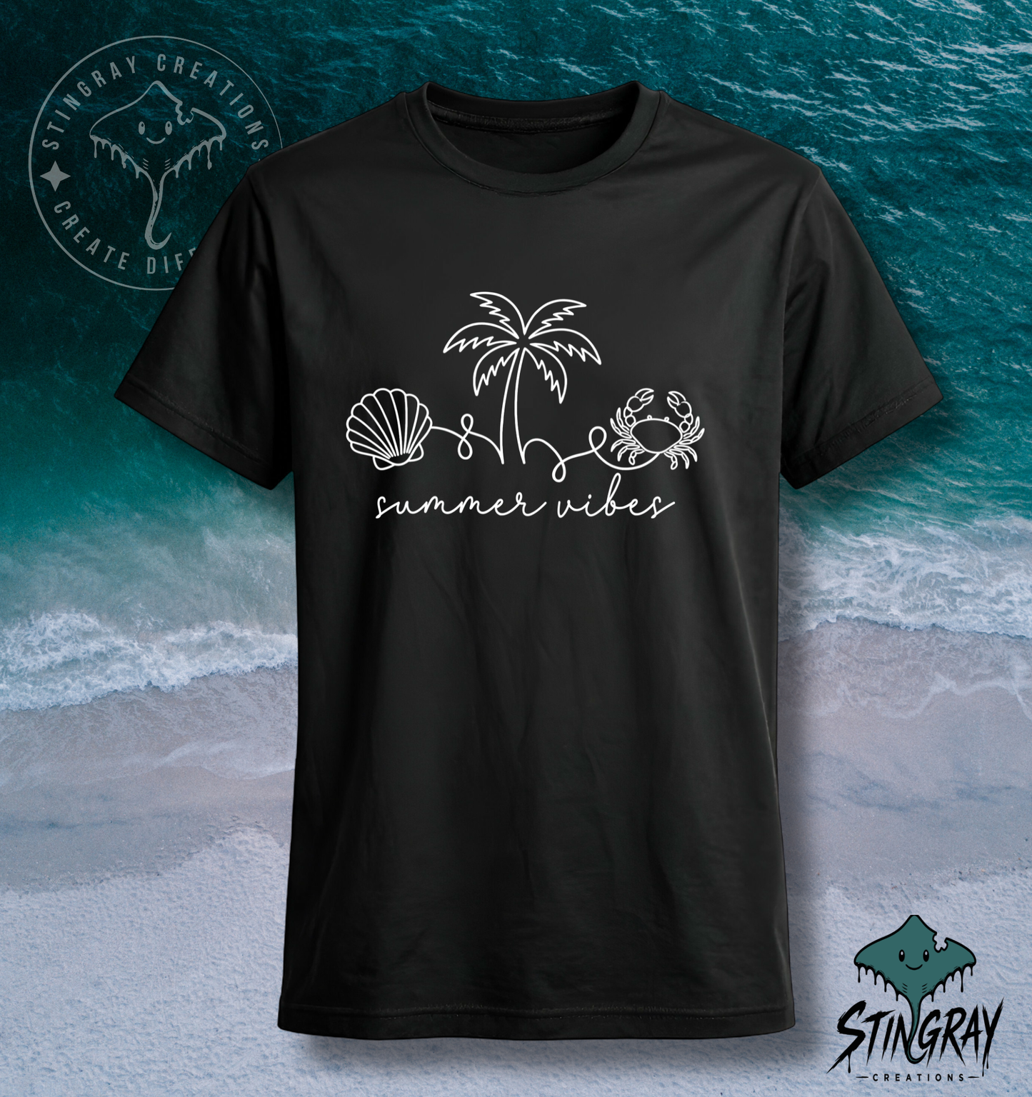 Summer Vibes Beach T Shirt | Coastal Graphic Tee | Shell Palm Tree Crab Shirt | Summer Vacation Shirt