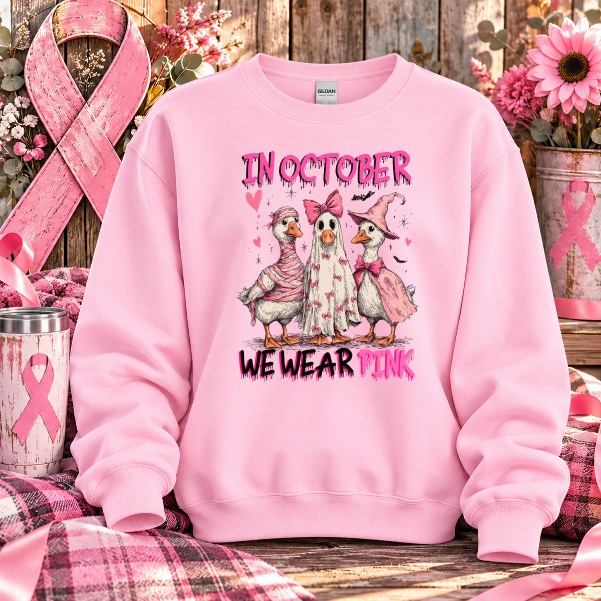 In October We Wear Pink Duck Breast Cancer Awareness T-Shirt & Sweatshirt