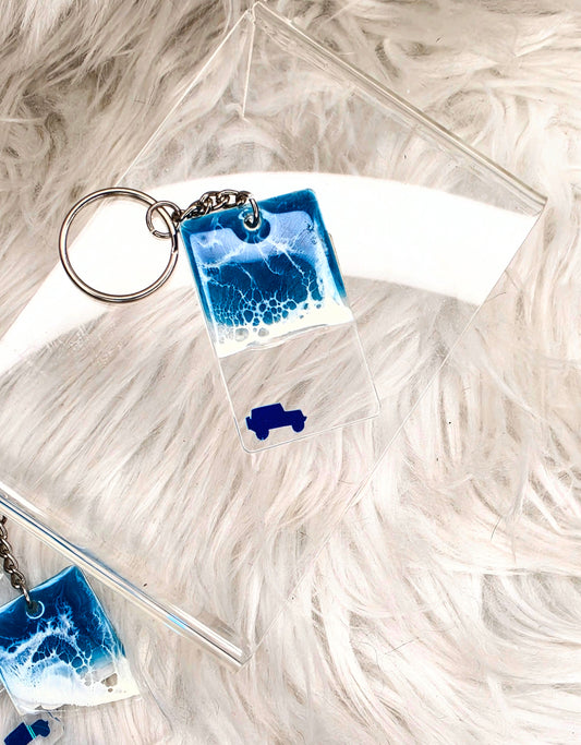 Square Handmade Ocean Resin Jeep Keychain | Beach Wave Acrylic Key Ring for Jeep Lovers
