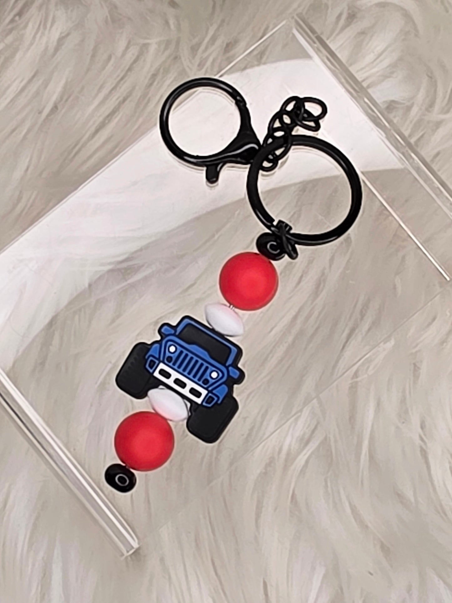 Blue and red Jeep Beaded Keychain | Cute Jeep Lover Accessory | Handmade Silicone Bead Key Ring