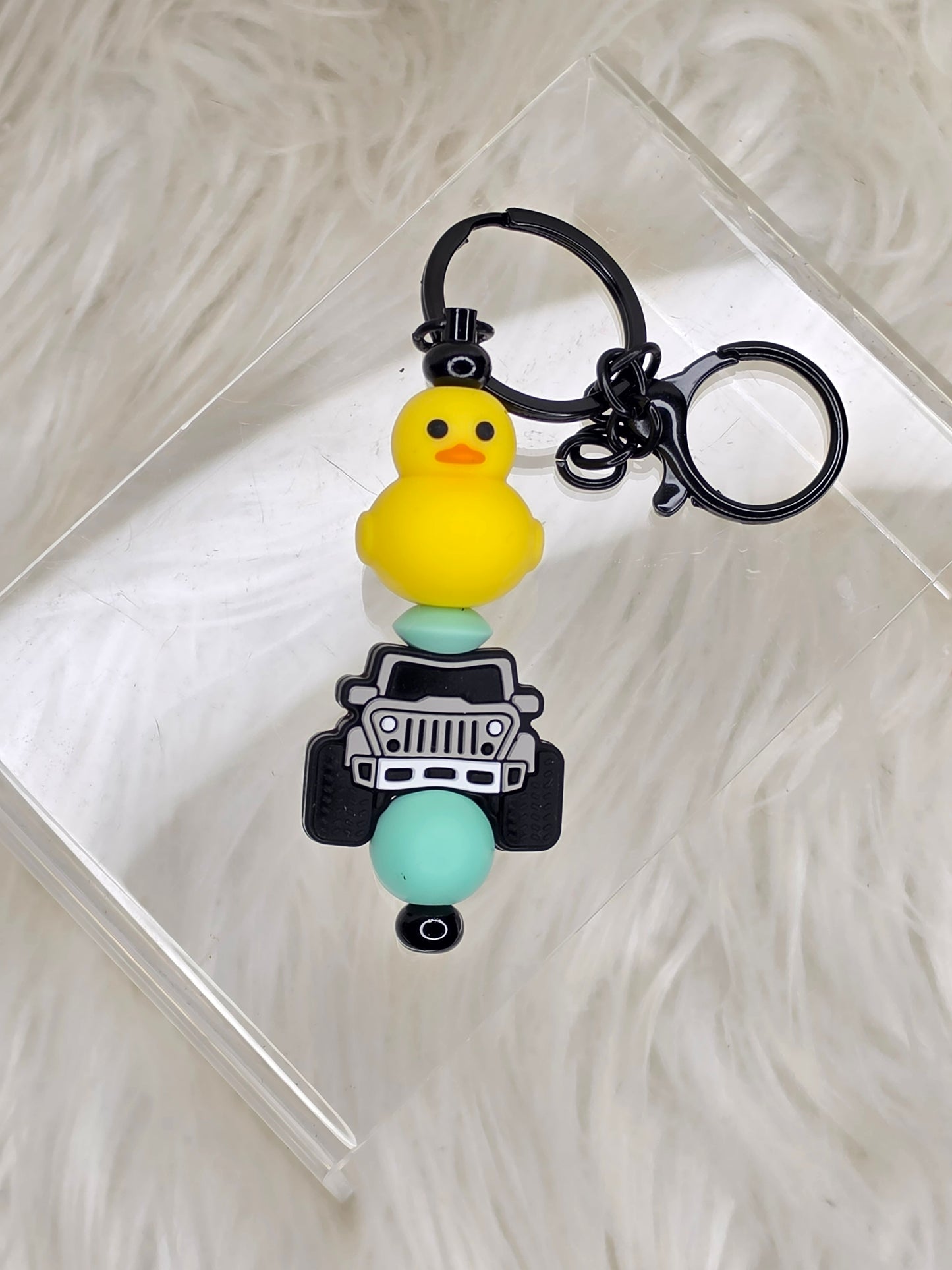 Teal Duck & Jeep Beaded Keychain | Cute Jeep Lover Accessory | Handmade Silicone Bead Key Ring