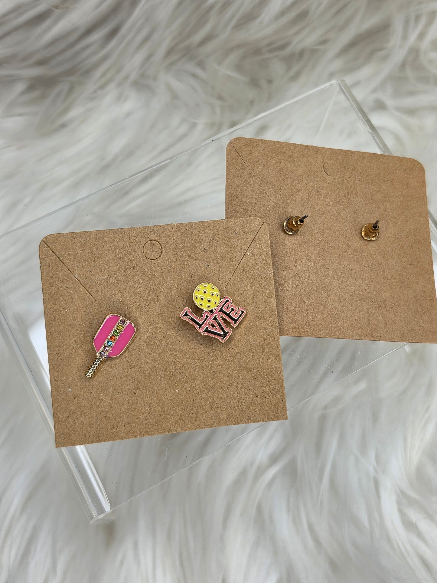 Pink Paddle with Love Pickleball Stud Earrings | Pickleball Ball Earrings | Lightweight Sports Jewelry Gift