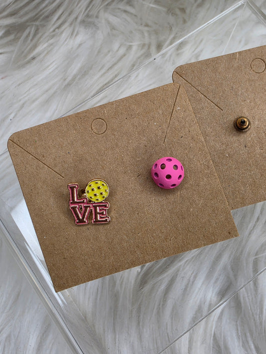 Pink Ball with Love Pickleball Stud Earrings | Pickleball Ball Earrings | Lightweight Sports Jewelry Gift