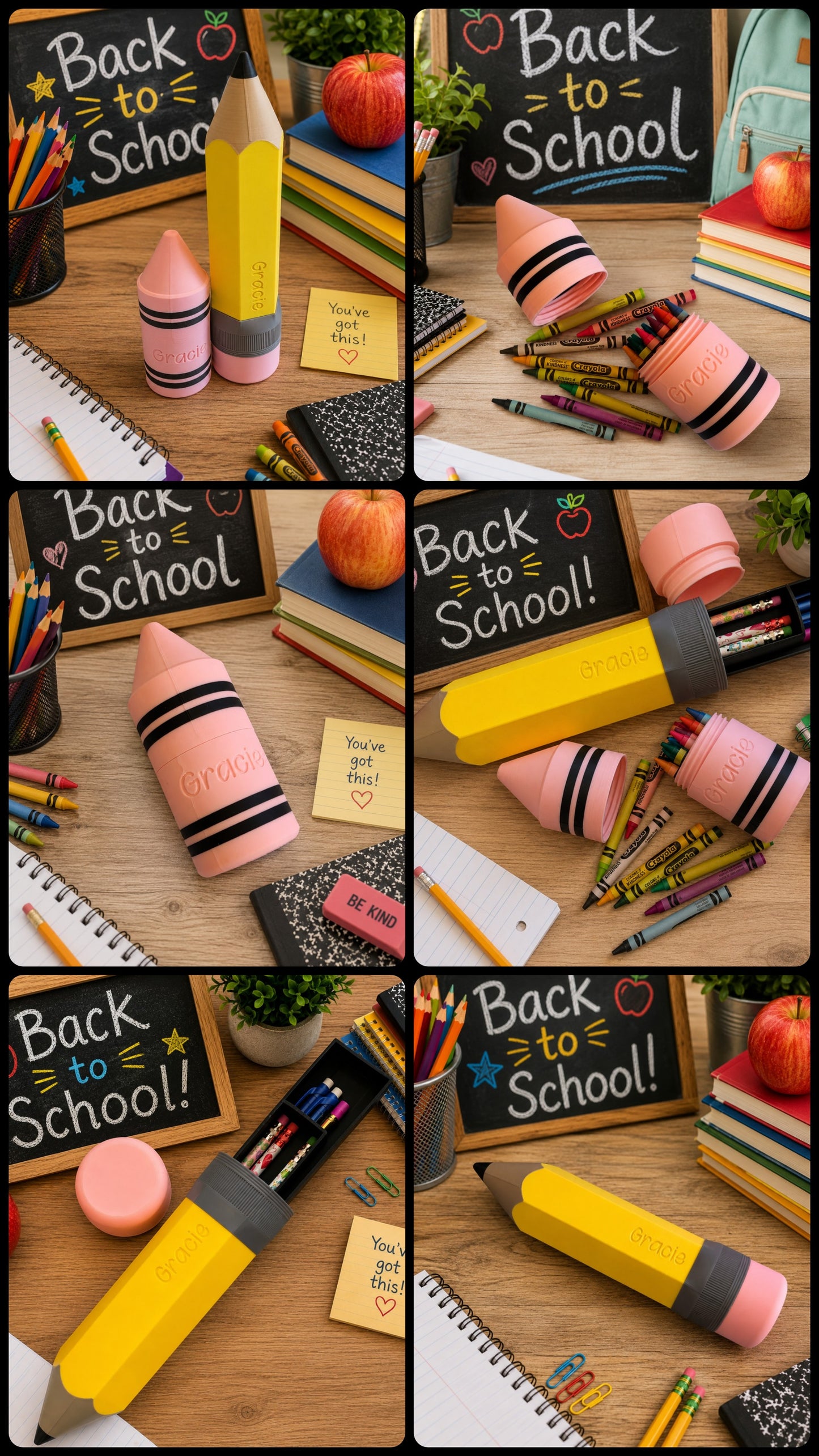 Personalized Back to School Pencil and Crayon Storage Set, Custom Name School Supplies