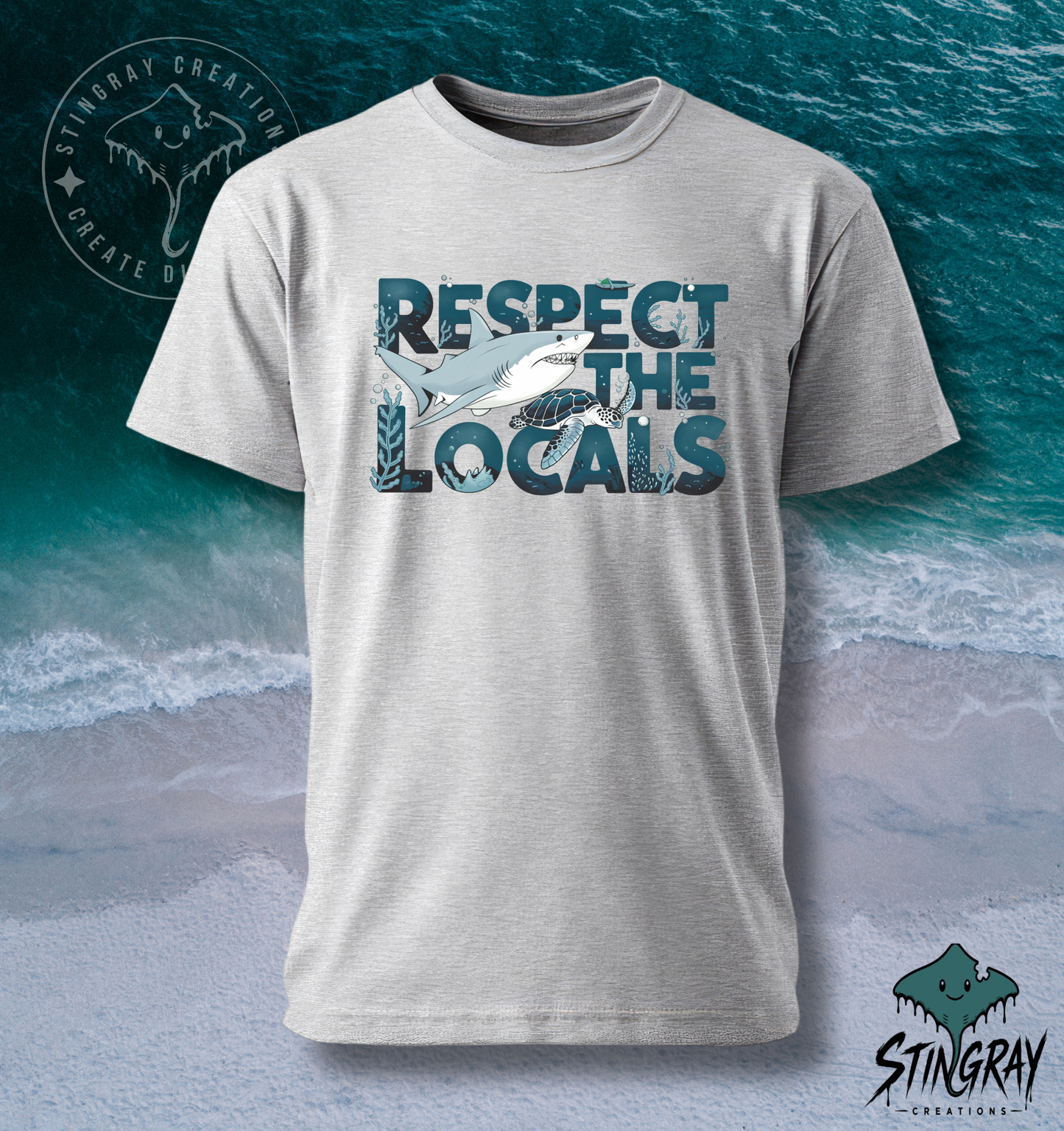 Respect the Locals Shark & Sea Turtle T Shirt | Ocean Conservation Graphic Tee | Coastal Beach Shirt