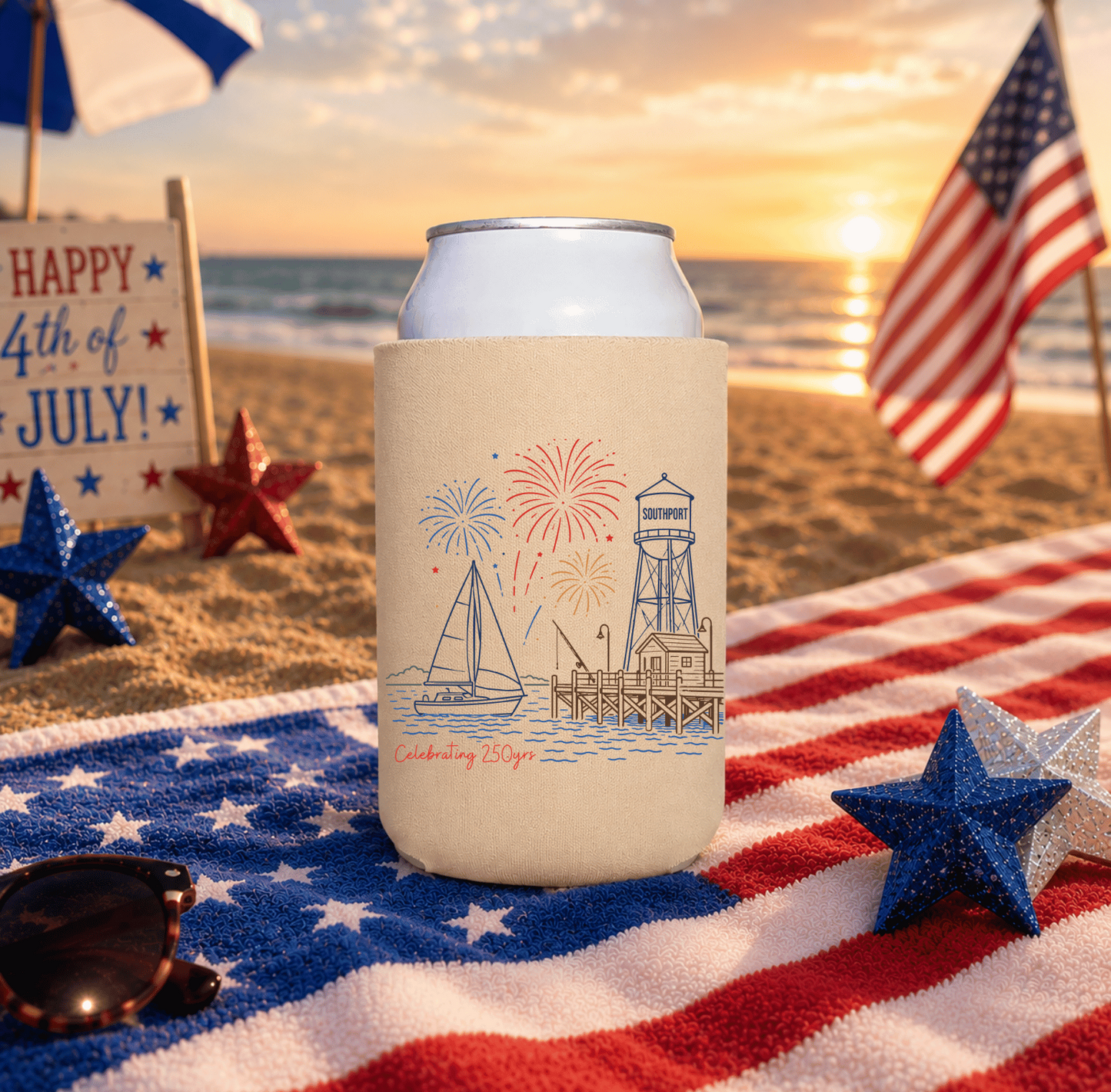 Southport & Oak Island 250th Anniversary Can Hugger | Patriotic 4th of July Beverage Sleeve