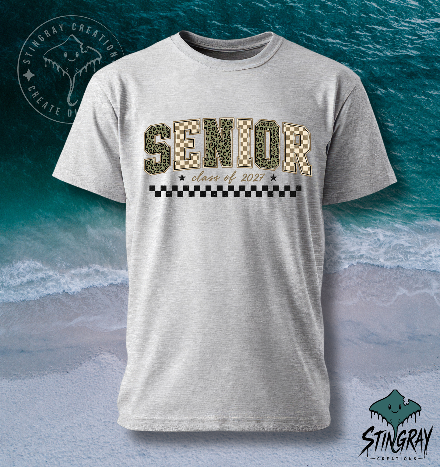 Senior Class of 2027 Checkered Leopard Print T Shirt & Crewneck Sweatshirt