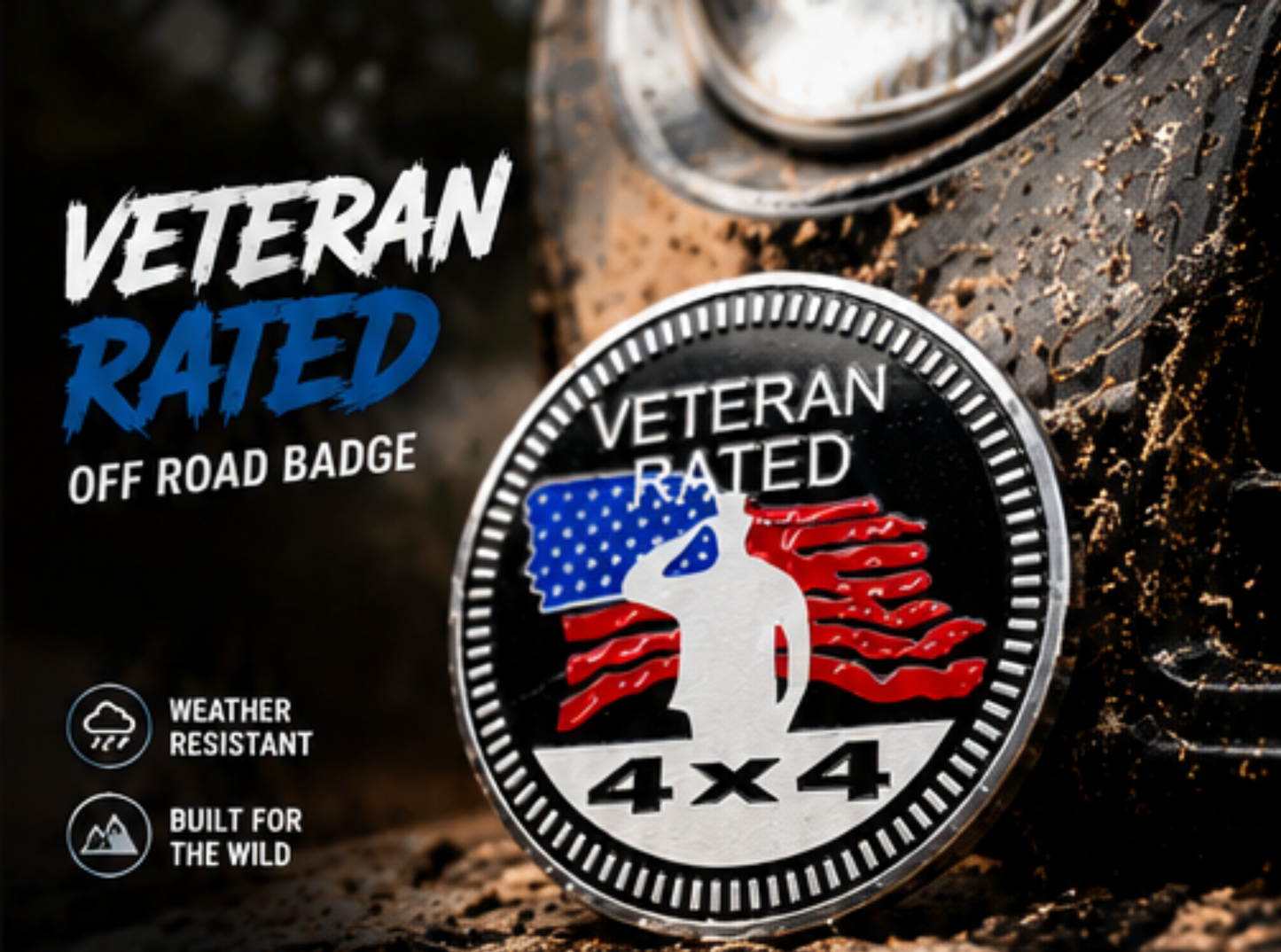Veteran Rated 4x4 Off Road Badge | Patriotic Veteran Jeep Emblem with American Flag