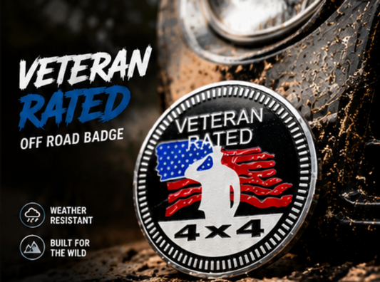 Veteran Rated 4x4 Off Road Badge | Patriotic Veteran Jeep Emblem with American Flag