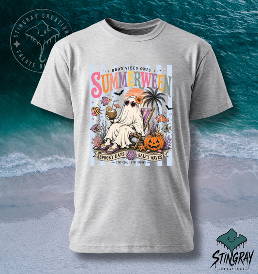 Summerween Ghost Beach T Shirt | Spooky Beach Shirt | Halloween Summer Graphic Tee | Coastal Ghost Shirt