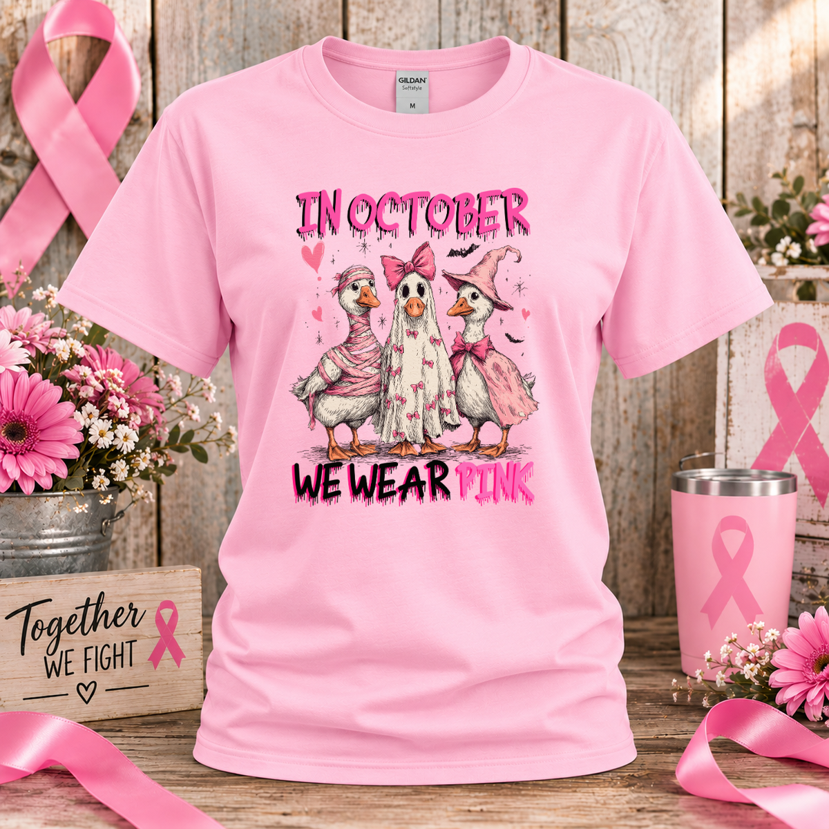 In October We Wear Pink Duck Breast Cancer Awareness T-Shirt & Sweatshirt