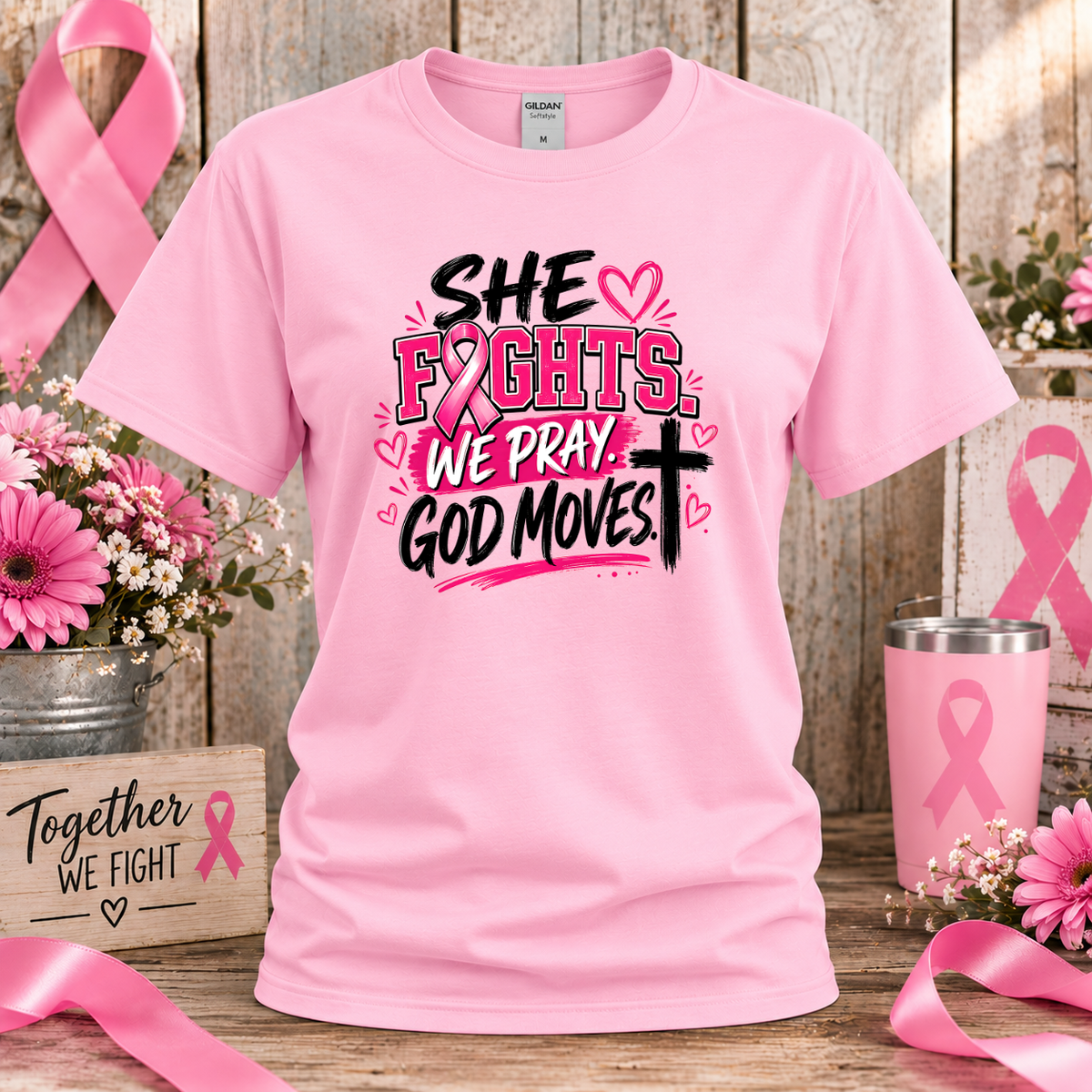 She Fights, We Pray, God Moves Breast Cancer Awareness T-Shirt & Sweatshirt