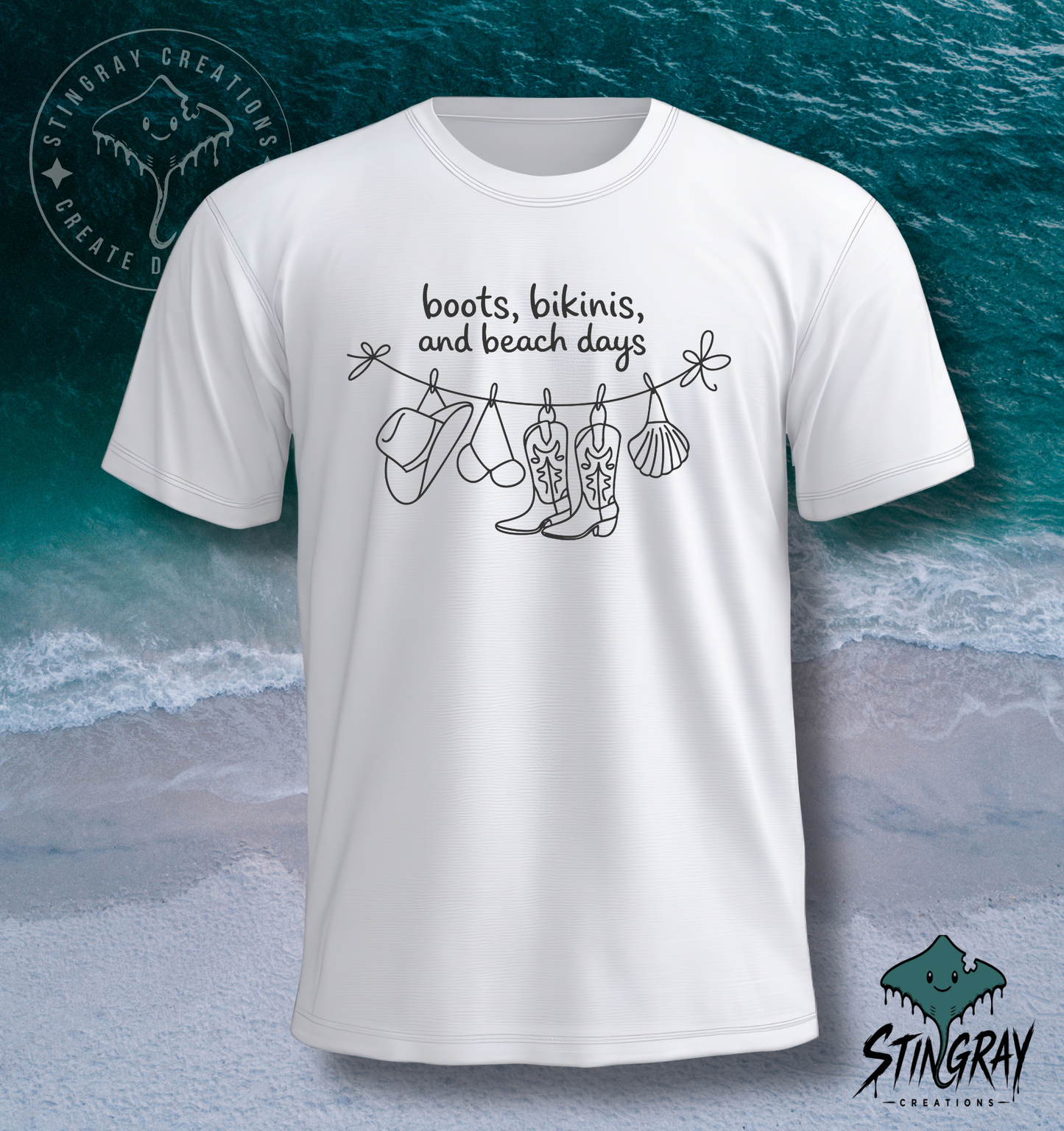 Boots, Bikinis & Beach Days T Shirt | Coastal Cowgirl Graphic Tee | Western Beach Shirt