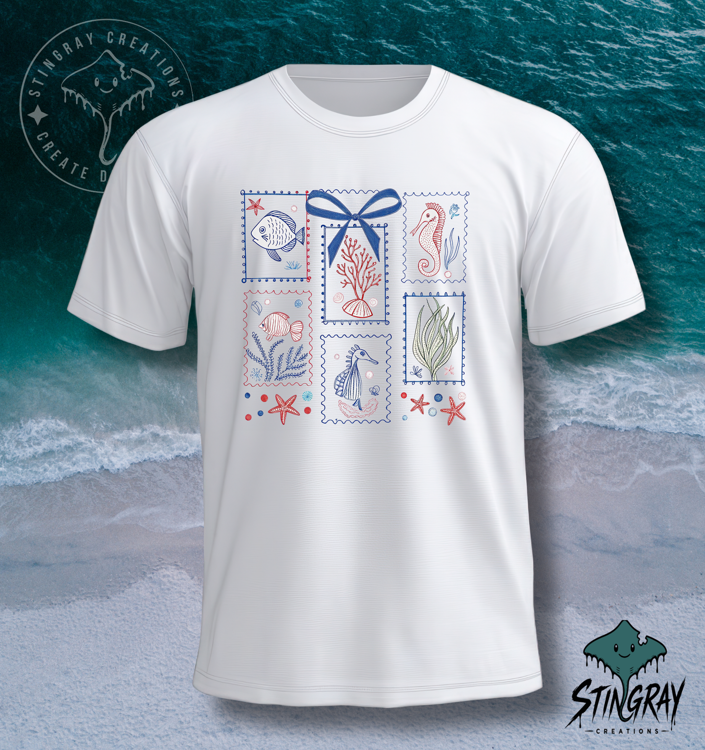 Coastal Sea Life Postage Stamp T Shirt | Beach Graphic Tee