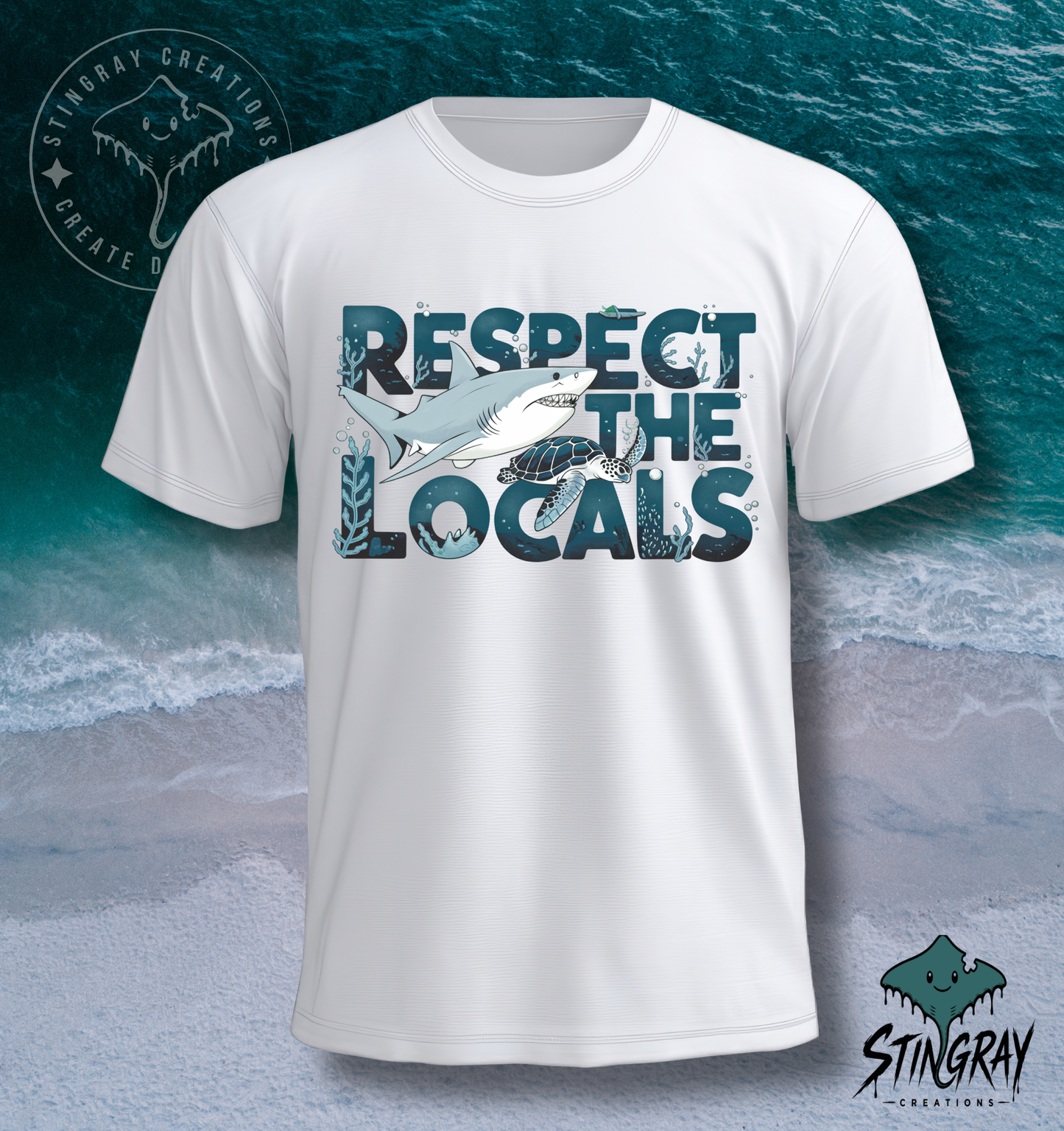 Respect the Locals Shark & Sea Turtle T Shirt | Ocean Conservation Graphic Tee | Coastal Beach Shirt